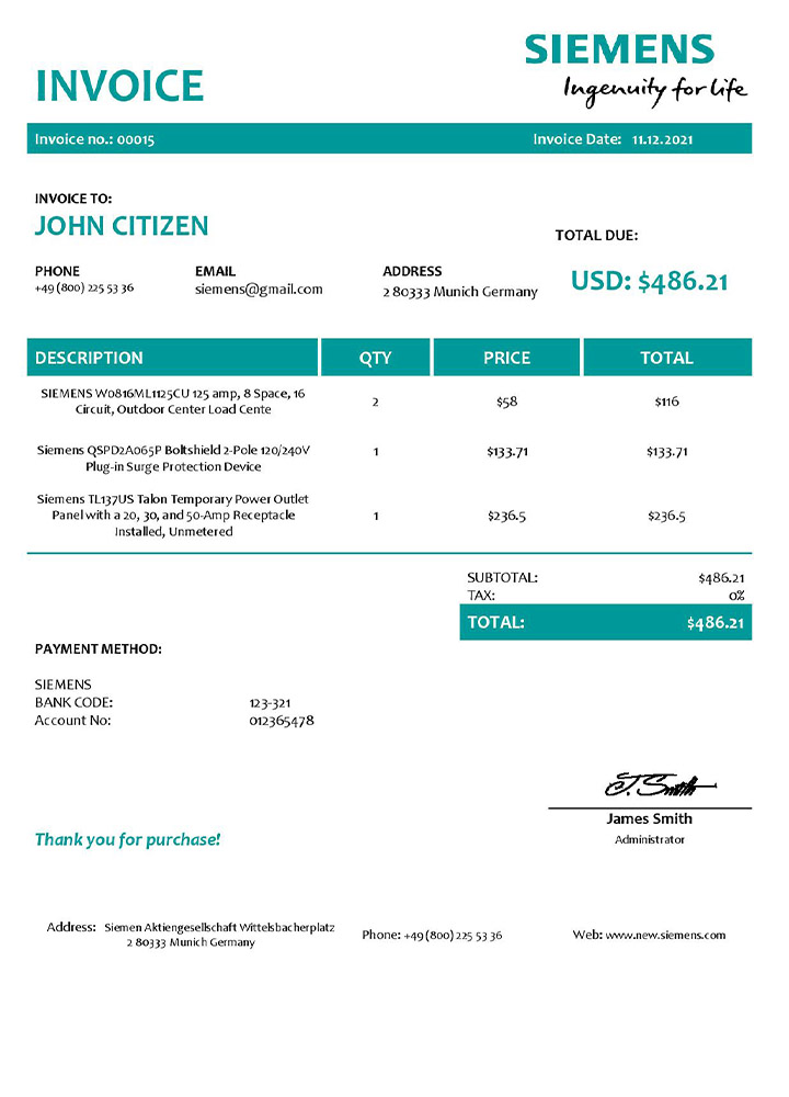 USA Siemens invoice PSD template